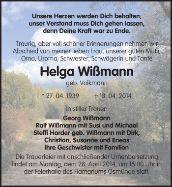 Traueranzeige von Helga Wißmann von Mitteldeutsche Zeitung Halle/Saalkreis