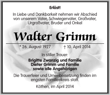 Traueranzeige von Watter Grimm von Mitteldeutsche Zeitung Köthen