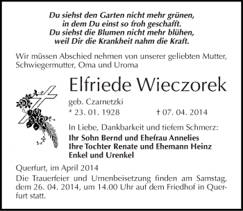 Traueranzeige von Elfriede Wieczorek von Mitteldeutsche Zeitung Merseburg/Querfurt