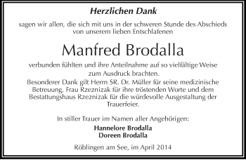 Traueranzeige von Manfred Brodalla von Mitteldeutsche Zeitung Mansfelder Land
