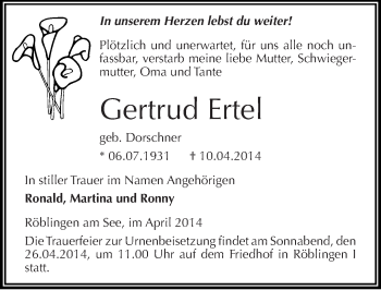 Traueranzeige von Gertrud Ertel von Mitteldeutsche Zeitung Mansfelder Land