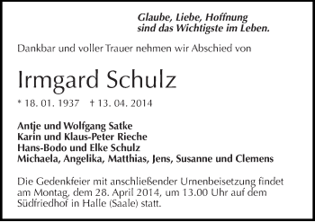 Traueranzeige von Irmgard Schulz von Mitteldeutsche Zeitung Halle/Saalkreis