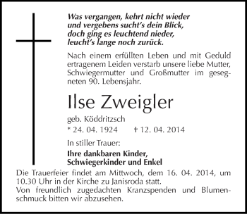 Traueranzeige von Ilse Zweigler von Mitteldeutsche Zeitung Naumburg/Nebra