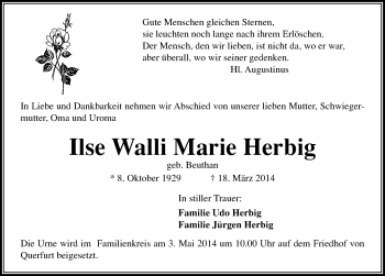 Traueranzeige von Ilse Walli Marie  Herbig von Mitteldeutsche Zeitung Merseburg/Querfurt