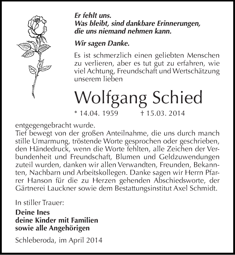  Traueranzeige für Wolfgang Schied vom 16.04.2014 aus Mitteldeutsche Zeitung Naumburg/Nebra
