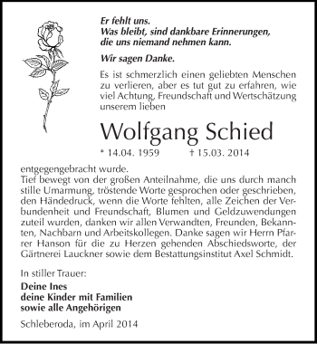 Traueranzeige von Wolfgang Schied von Mitteldeutsche Zeitung Naumburg/Nebra