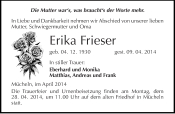 Traueranzeige von Erika Frieser von Mitteldeutsche Zeitung Merseburg/Querfurt