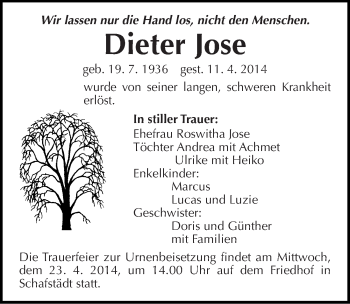 Traueranzeige von Dieter Jose von Mitteldeutsche Zeitung Merseburg/Querfurt