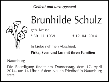 Traueranzeige von Brunhilde Schulz von Mitteldeutsche Zeitung Naumburg/Nebra