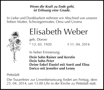 Traueranzeige von Elisabeth Weber von Mitteldeutsche Zeitung Weißenfels