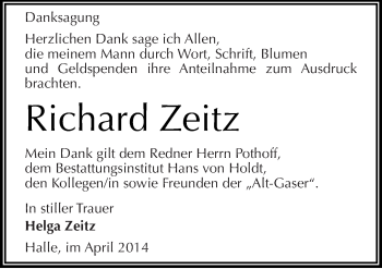 Traueranzeige von Richard Zeitz von Mitteldeutsche Zeitung Halle/Saalkreis