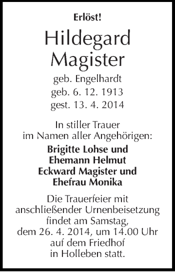 Traueranzeige von Hildegard Magister von Mitteldeutsche Zeitung Halle/Saalkreis
