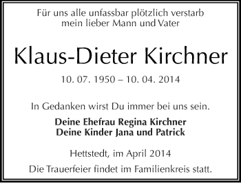 Traueranzeige von Klaus-Dieter Kirchner von Mitteldeutsche Zeitung Mansfelder Land