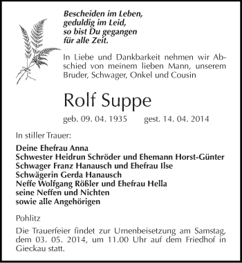Traueranzeige von Rolf Suppe von Mitteldeutsche Zeitung Naumburg/Nebra
