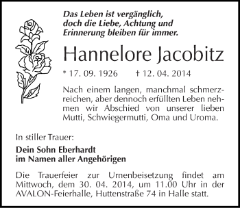 Traueranzeige von Hannelore Jacobitz von Mitteldeutsche Zeitung Bitterfeld