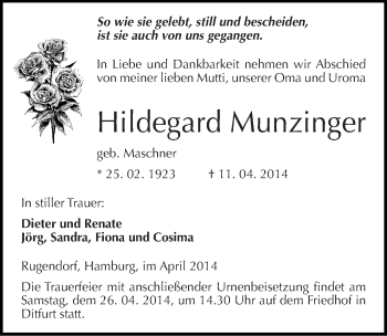 Traueranzeige von Hildegard Munzinger von Mitteldeutsche Zeitung Quedlinburg