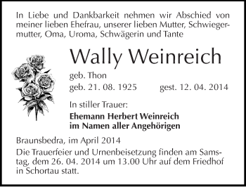 Traueranzeige von Wally Weinreich von Mitteldeutsche Zeitung Merseburg/Querfurt