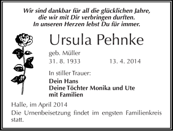 Traueranzeige von Ursula Pehnke von Mitteldeutsche Zeitung Halle/Saalkreis