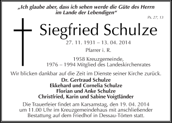 Traueranzeige von Siegfried Schulze von Mitteldeutsche Zeitung Dessau-Roßlau