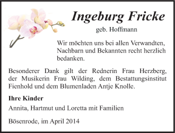 Traueranzeige von Ingeburg Fricke von Mitteldeutsche Zeitung Sangerhausen