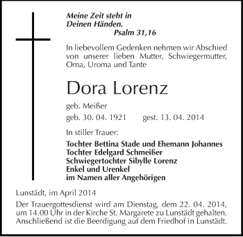 Traueranzeige von Dora Lorenz von Mitteldeutsche Zeitung Merseburg/Querfurt