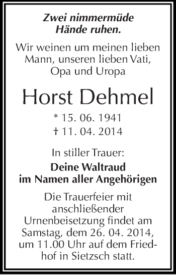 Traueranzeige von Horst Dehmel von Mitteldeutsche Zeitung Halle/Saalkreis