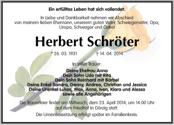 Traueranzeige von Herbert Schröter von Mitteldeutsche Zeitung Köthen