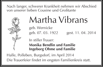 Traueranzeige von Martha Vibrans von Mitteldeutsche Zeitung Halle/Saalkreis
