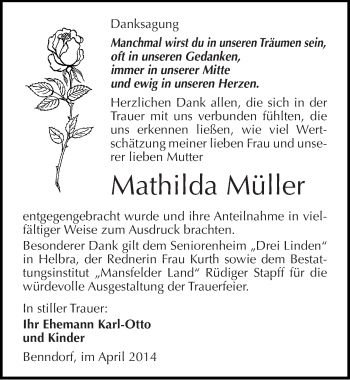 Traueranzeige von Mathilda Müller von Mitteldeutsche Zeitung Mansfelder Land