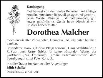 Traueranzeige von Dorothea Malcher von Mitteldeutsche Zeitung Dessau-Roßlau