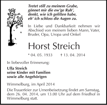 Traueranzeige von Horst Streich von Mitteldeutsche Zeitung Mansfelder Land