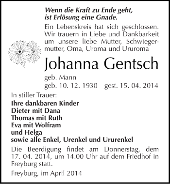 Traueranzeige von Johanna Gentsch von Mitteldeutsche Zeitung Naumburg/Nebra