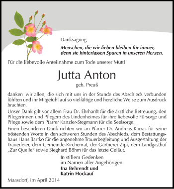 Traueranzeige von Jutta Anton von Mitteldeutsche Zeitung Köthen