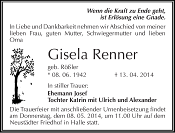 Traueranzeige von Gisela Renner von Mitteldeutsche Zeitung Halle/Saalkreis