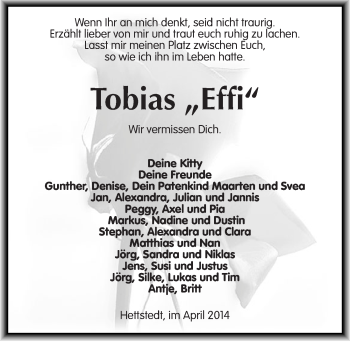 Traueranzeige von Tobias  von Mitteldeutsche Zeitung Mansfelder Land