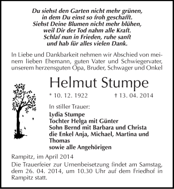 Traueranzeige von Helmut Stumpe von Mitteldeutsche Zeitung Merseburg/Querfurt