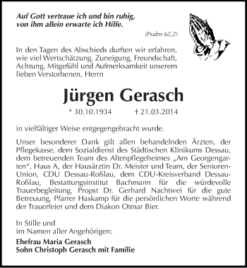 Traueranzeige von Jürgen Gerasch von Mitteldeutsche Zeitung Dessau-Roßlau