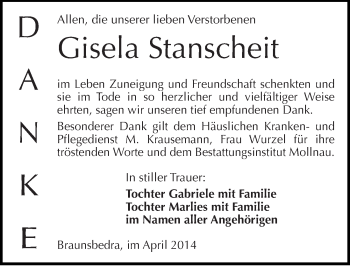 Traueranzeige von Gisela Stanscheit von Mitteldeutsche Zeitung