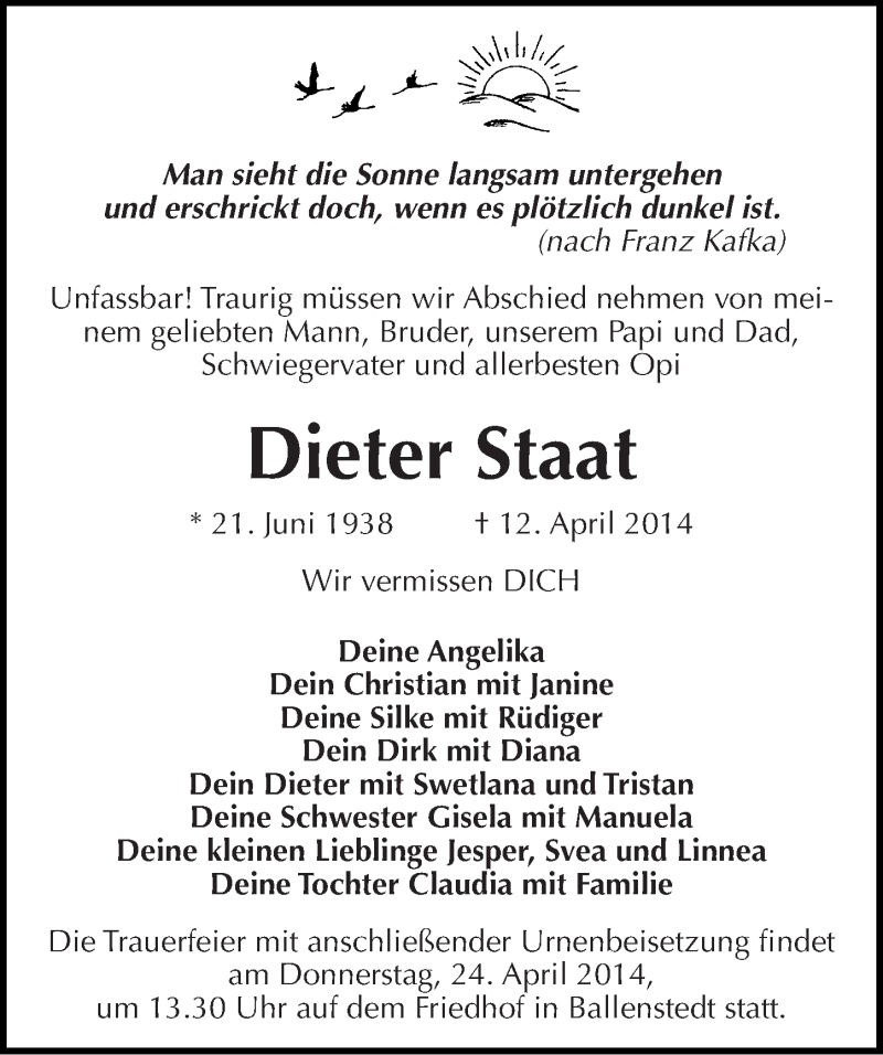  Traueranzeige für Dieter Staat vom 19.04.2014 aus Mitteldeutsche Zeitung Quedlinburg