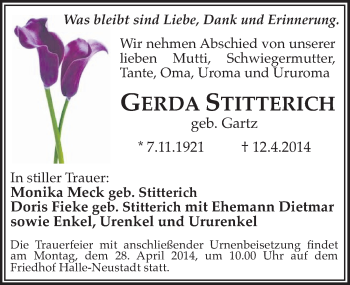 Traueranzeige von Gerda Stitterich von Mitteldeutsche Zeitung Halle/Saalkreis