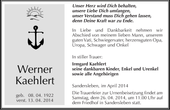 Traueranzeige von Werner Kaehlert von Mitteldeutsche Zeitung Mansfelder Land