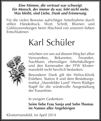 Traueranzeige von Karl Schüler von Mitteldeutsche Zeitung Mansfelder Land