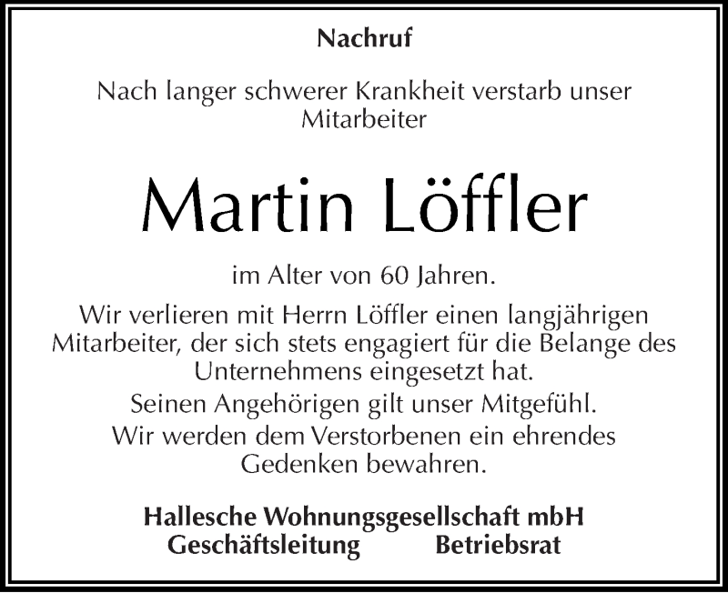  Traueranzeige für Martin Löffler vom 19.04.2014 aus Mitteldeutsche Zeitung Halle/Saalkreis