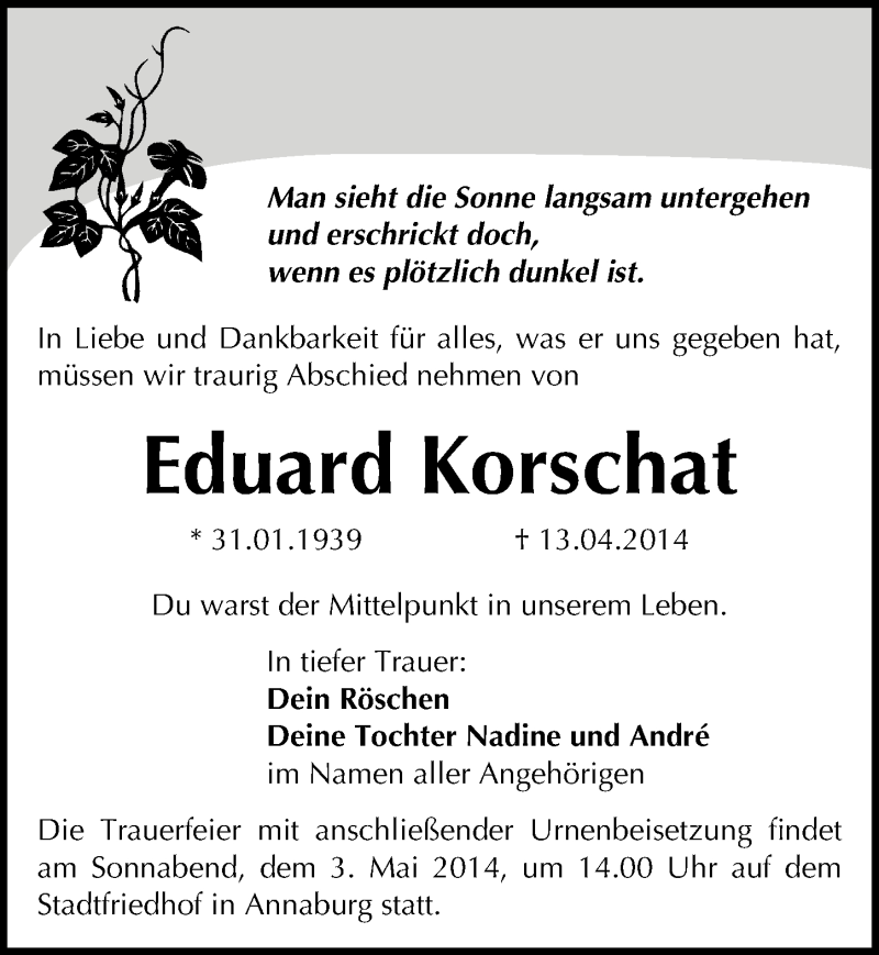  Traueranzeige für Eduard Korschat vom 19.04.2014 aus Mitteldeutsche Zeitung Wittenberg