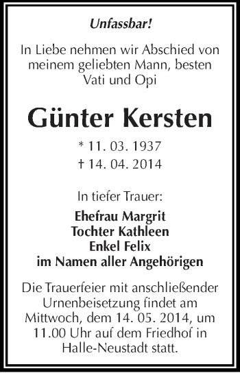 Traueranzeige von Günter Kersten von Mitteldeutsche Zeitung Halle/Saalkreis