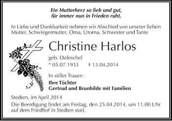Traueranzeige von Christine Harlos von Mitteldeutsche Zeitung Mansfelder Land