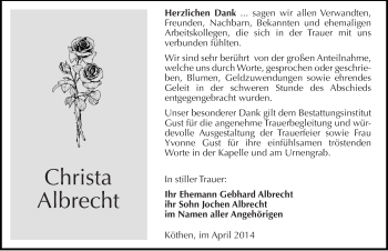 Traueranzeige von Christa Albrecht von Mitteldeutsche Zeitung Köthen