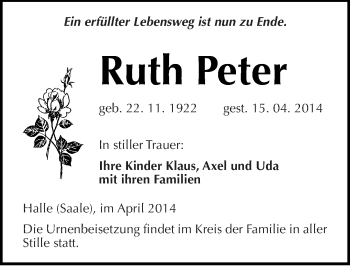 Traueranzeige von Ruth Peter von Mitteldeutsche Zeitung Halle/Saalkreis