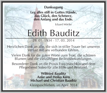 Traueranzeige von Edith Bauditz von Mitteldeutsche Zeitung Köthen