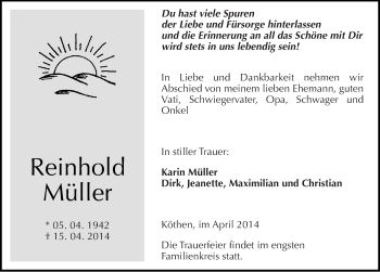 Traueranzeige von Reinhold Müller von Mitteldeutsche Zeitung Köthen